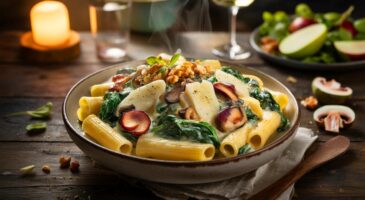 Ce plat de pâtes crémeuses au gorgonzola, épinards et champignons avec 350 g de pâtes et 120 g de fromage séduit les soirées d’automne en 2025