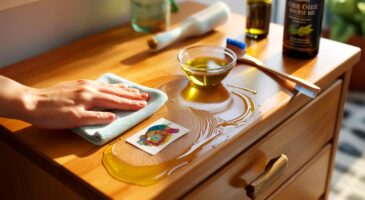 Voici l'astuce à l'huile d'olive : 30 ml suffisent pour retirer les résidus de stickers sur le bois sans solvants agressifs