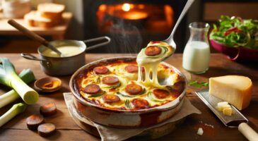 Voici le gratin d’automne poireaux-chorizo à 180°C qui réchauffe la table: une béchamel soyeuse, 50 cl de lait et croûte dorée