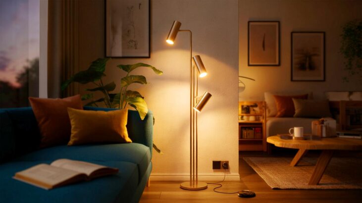 Voici le lampadaire LED Livarno Home de Lidl à 35 € : trois spots orientables et une lumière 2 800 K qui change l’ambiance du salon