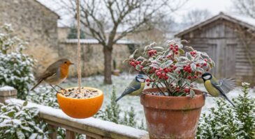 Jardin désert en hiver : sans cette mangeoire maison placée près d’un arbuste, les oiseaux ne reviendront pas