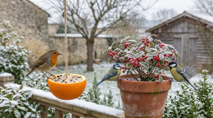Jardin désert en hiver : sans cette mangeoire maison placée près d’un arbuste, les oiseaux ne reviendront pas